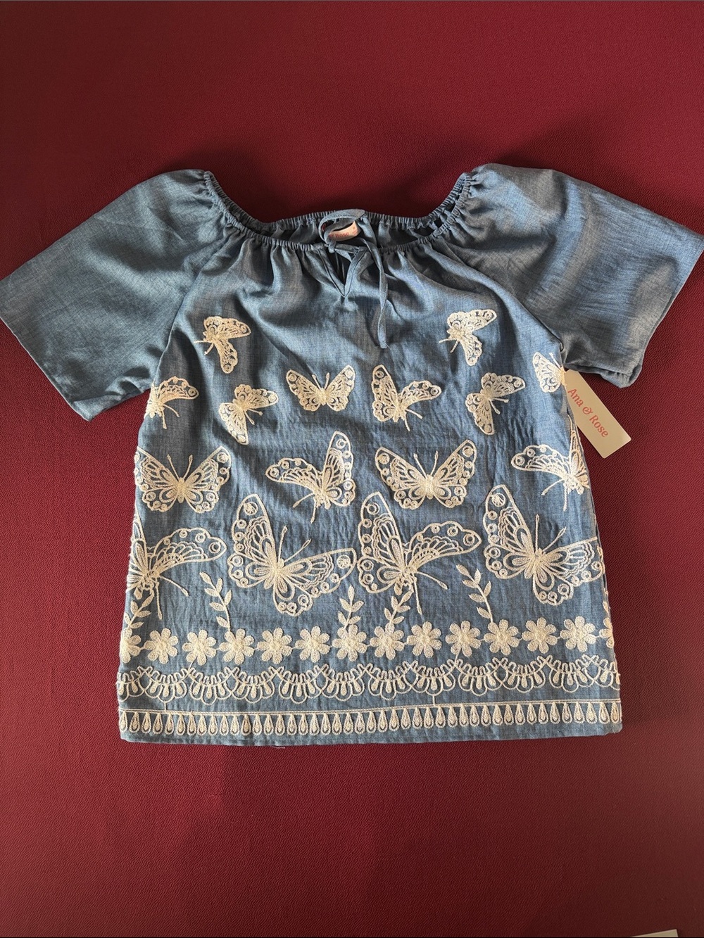 Womens Blue Embroidered Butterfly Top